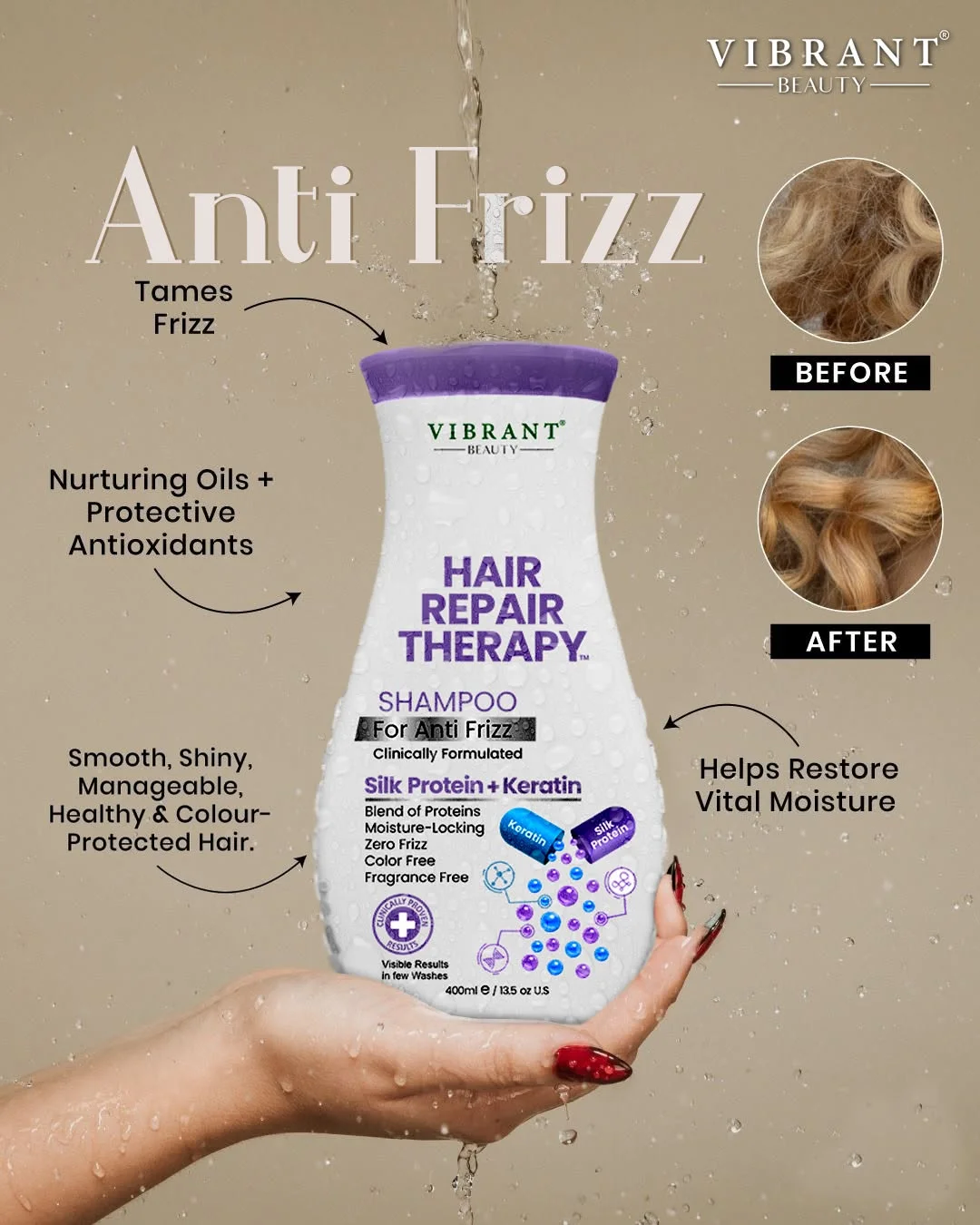 Vibrant Beauty Hair Repair Therapy Shampoo For Anti-Frizz (Silk Protein + Keratin) - 400ml - Image 2